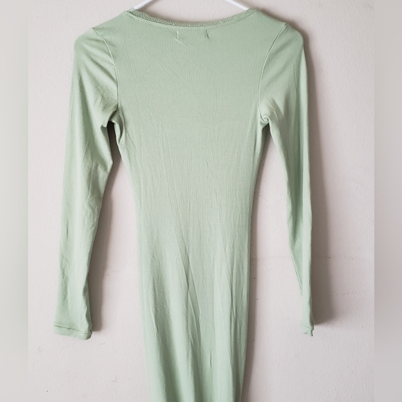 Qinsen Ribbed Knit Green Long Sleeve Maxi Bodycon Dress - Picture 3 of 11